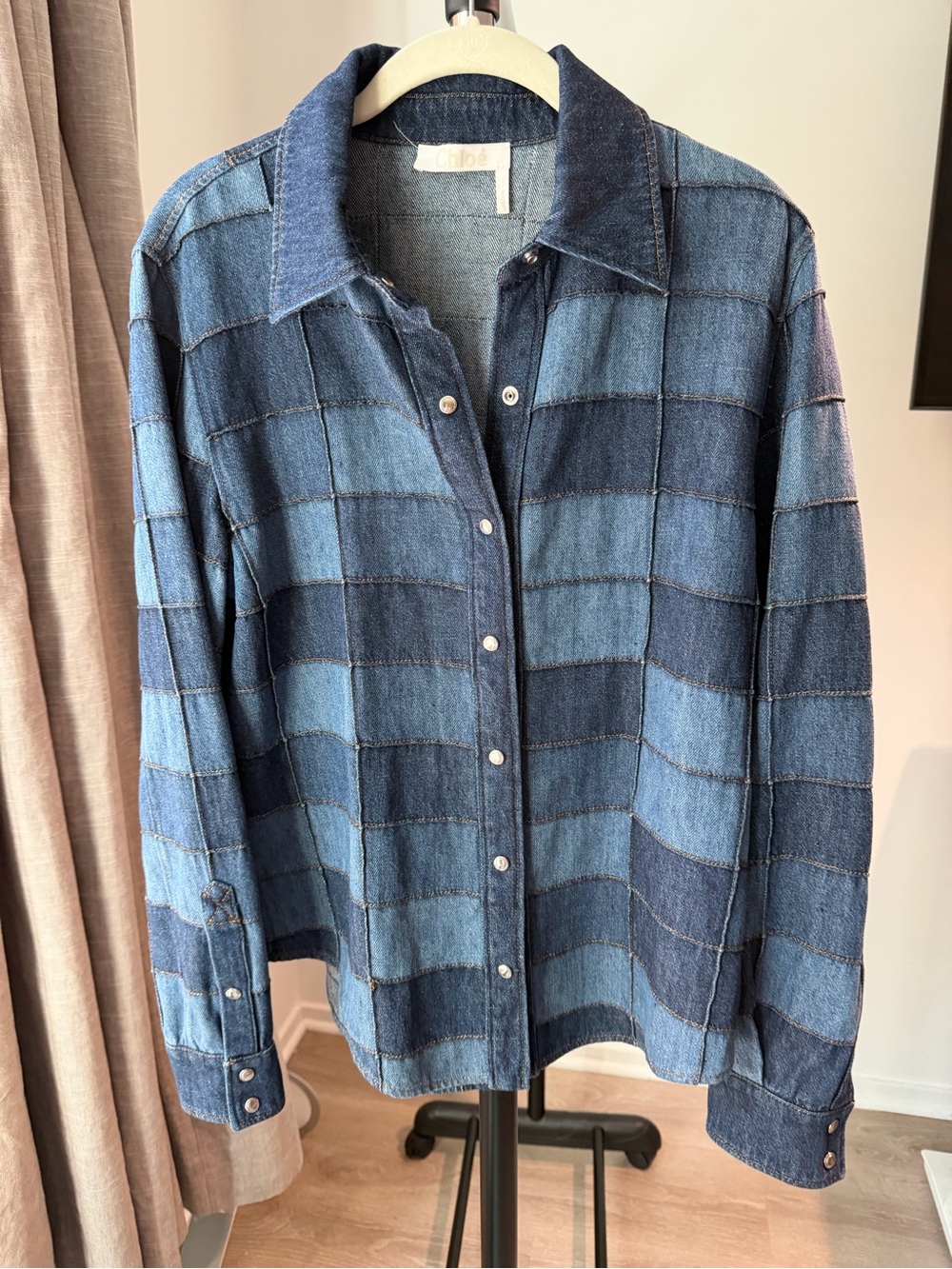 Chloe Patchwork Denim Button-Up Shirt in Two Tones of Blue